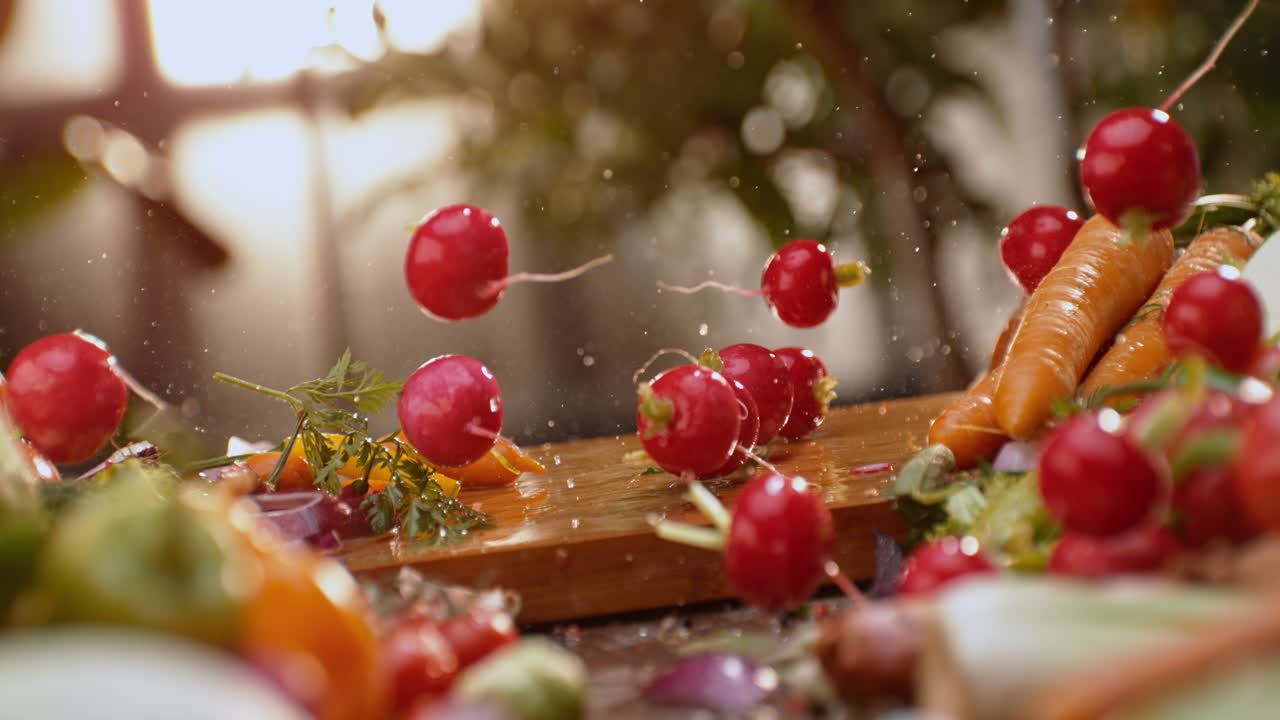 verduras frescas salpicadas en la tabla de cortar