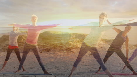 animation of glowing light over portrait of happy senior women exercising by seaside