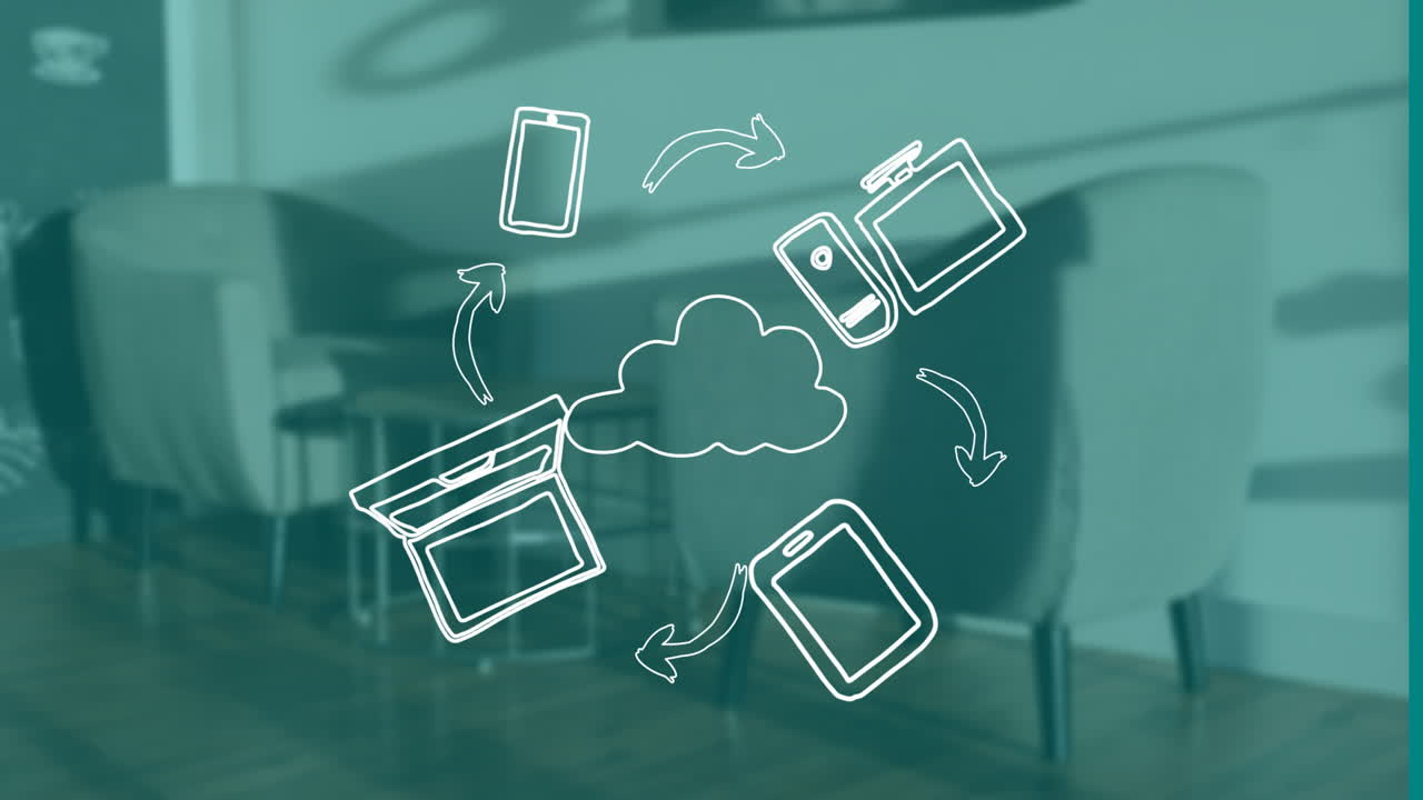 Connecting digital devices, cloud computing concept with arrows in animation style