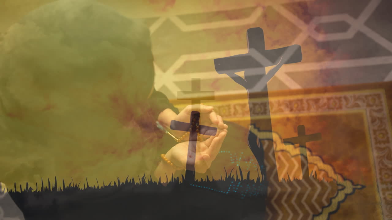 종교적 상징 위에 기도하는 손과 십자가 실루 애니메이션 배경