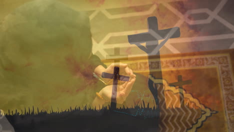 praying hands and cross silhouettes over religious symbols animated background