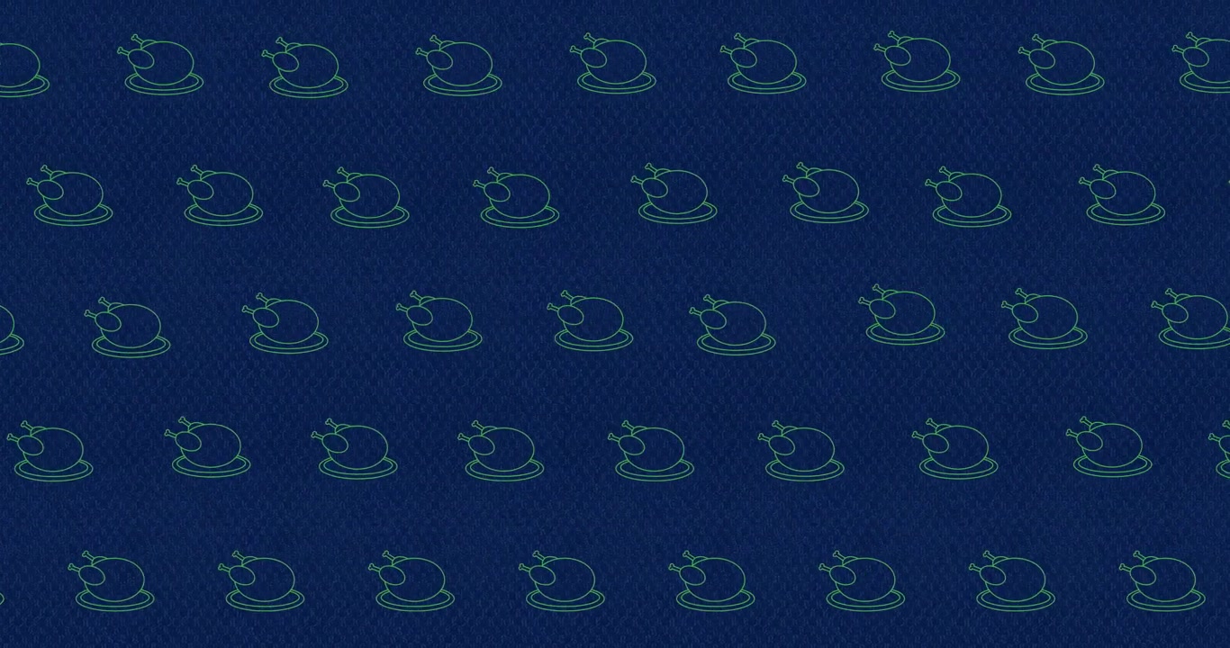 Animation of rows of outlined turkey illustrations on blue background