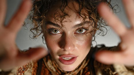 curious model touching face and looking at camera in slow motion