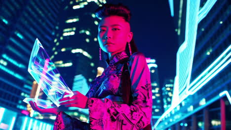 cyberpunk woman with glowing tech in neon city