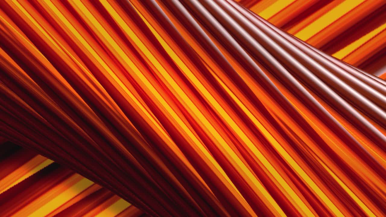 naranja y rojo tubo giratorio 3d cubierto por líneas brillantes retorcidas, bucle sin costuras. movimiento. rayas coloridas diagonales que fluyen lentamente detrás del tubo grande giratorio