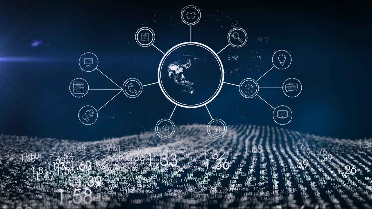 파란색 배경에 아이콘을 가진 데이터 처리 및 지구의 애니메이션