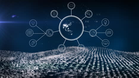 animation of data processing and globe with icons on blue background