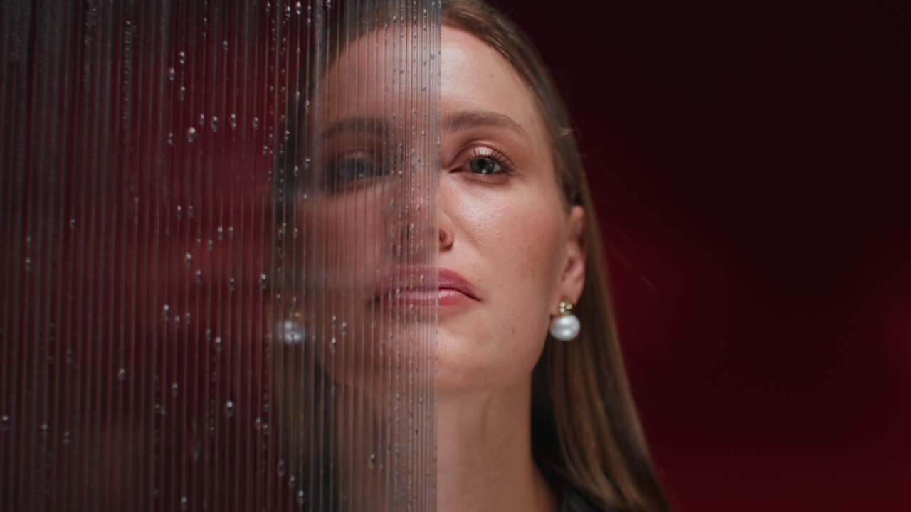 mujer detrás de un panel de acrílico con rayas de agua