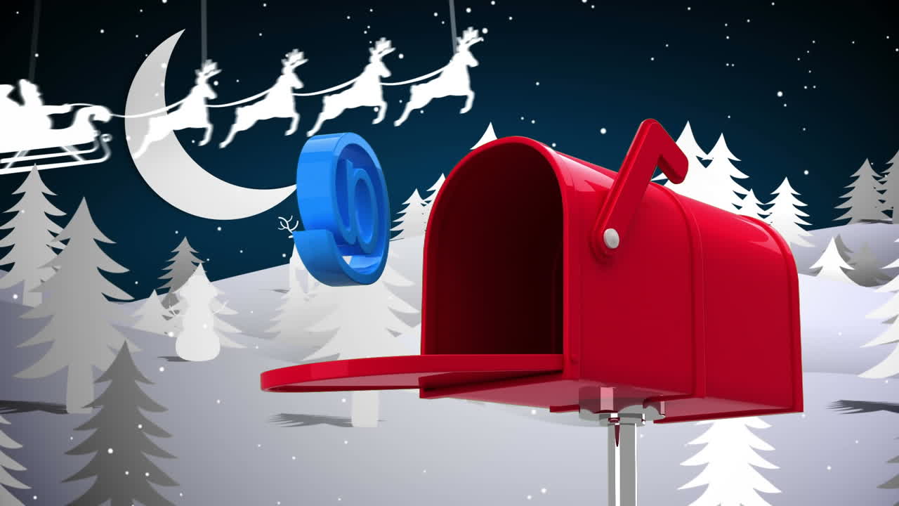 눈이 내린 밤의 풍경에서 빨간 우편함 표지판은 크리스마스 축제를 상징합니다.