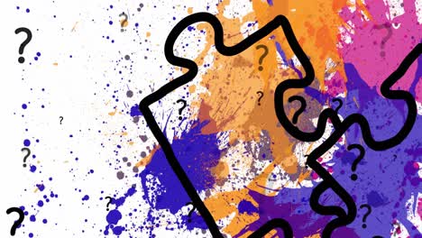 Animation-of-question-marks-and-puzzle-over-colorful-stains
