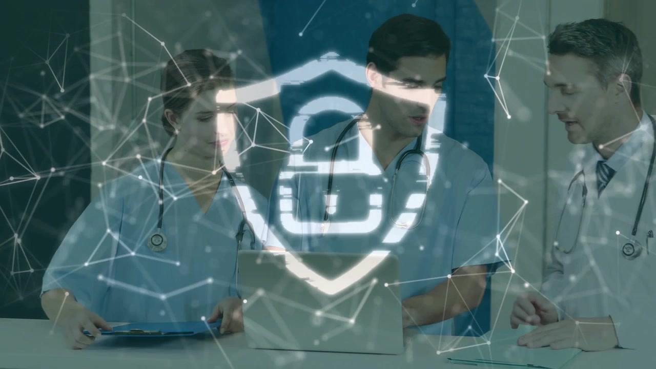 Video vertical: Escudo de barrido que muestra a un equipo con uniformes médicos tecleando en un portátil y una carpeta azul en la clínica.
