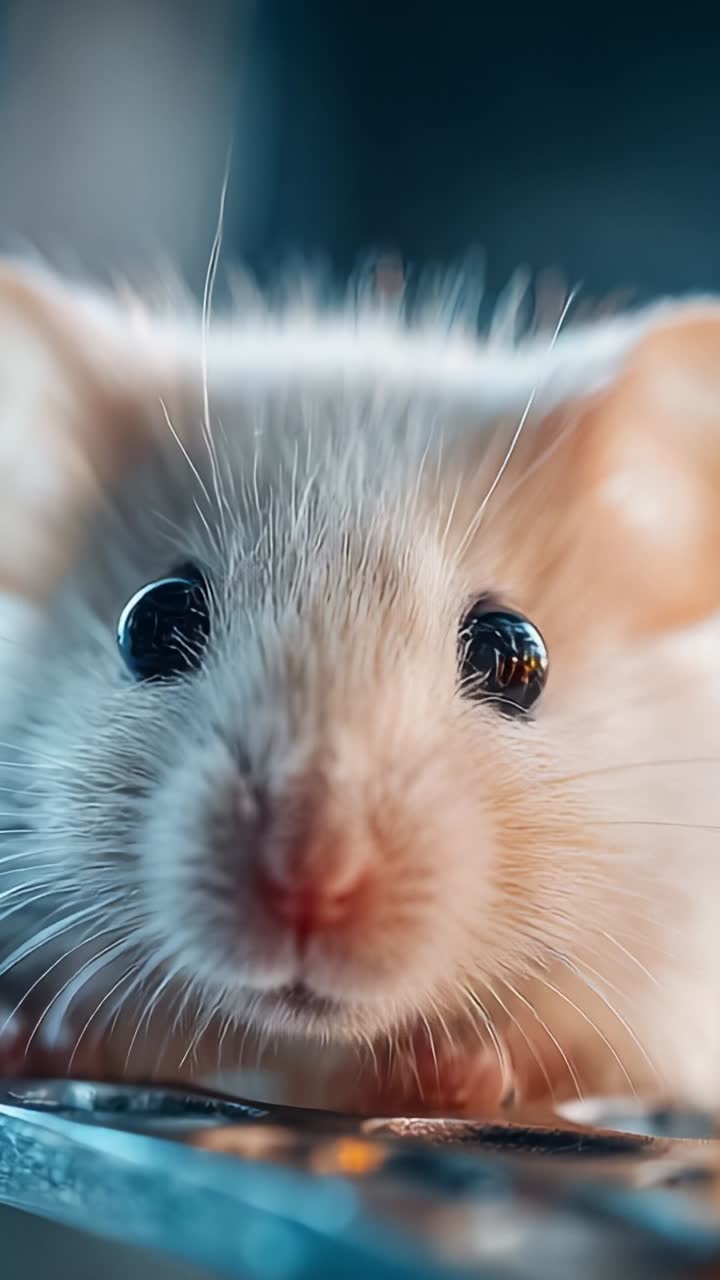 Primo piano di un adorabile topolino bianco con occhi accattivanti e delicati baffi, catturato in due fotogrammi distinti tratti da un video commovente