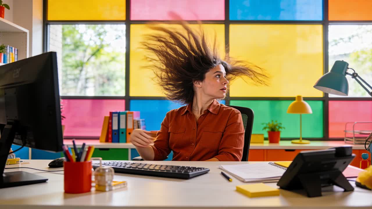 Impiegata che si gira con una blusa color ruggine, i capelli si sollevano per il movimento verso l'alto mentre allunga la mano verso il mouse sulla scrivania