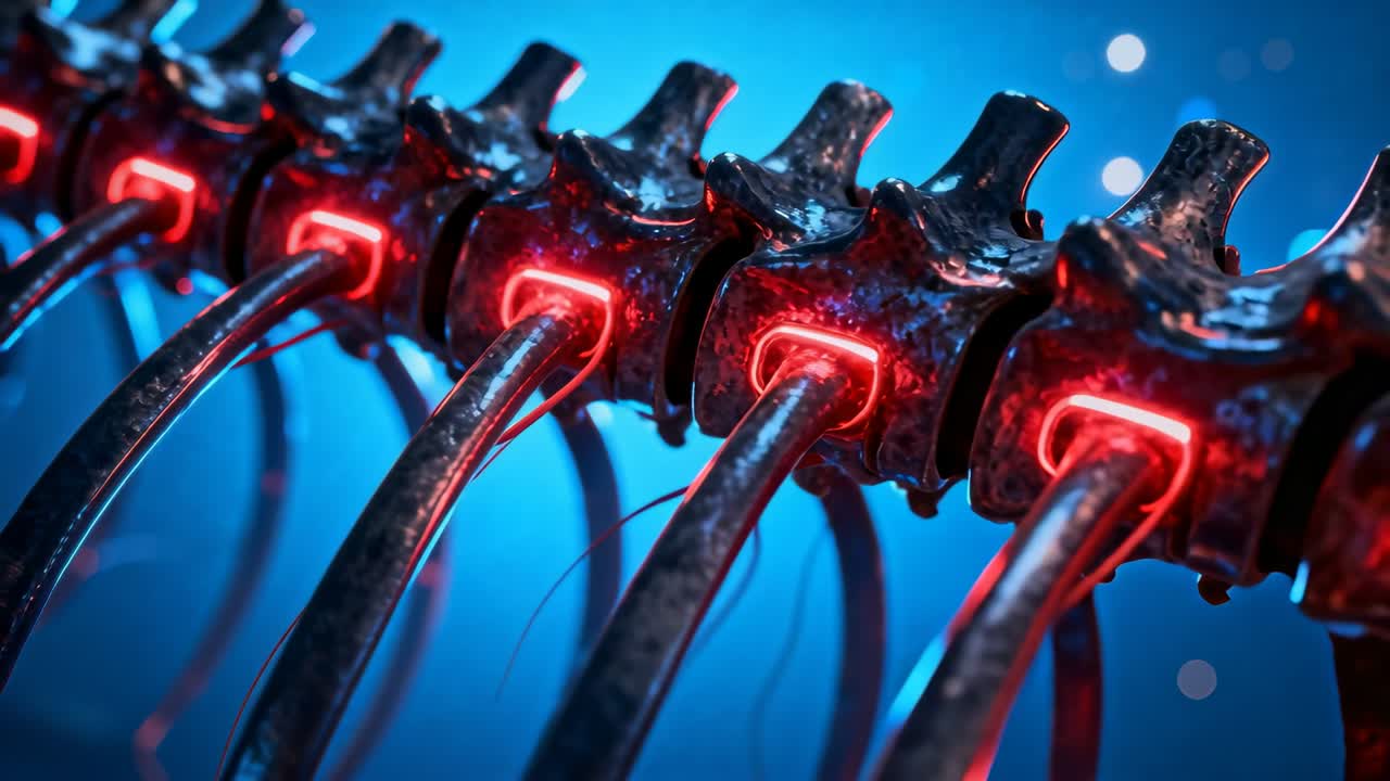 Zooming camera showing segmented metal spine in studio to reveal red collars, rods and wet texture