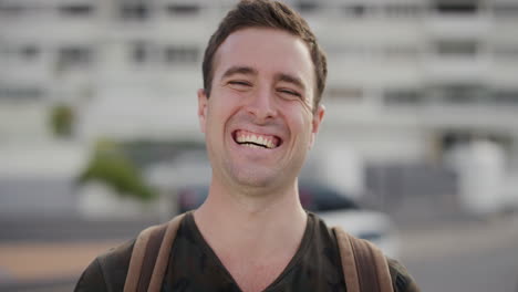 portrait happy young man laughing tourist enjoying successful vacation lifestyle independent male student summer travel