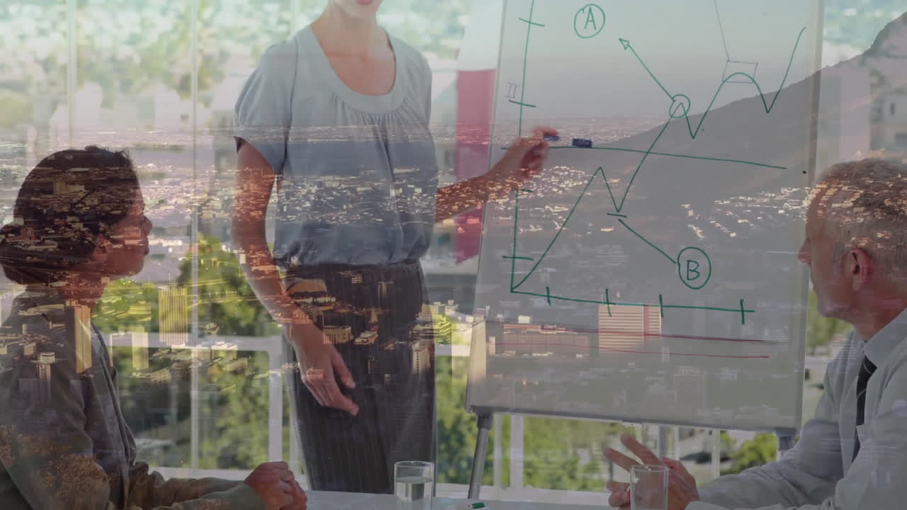 Presenting animation in business meeting with graph over cityscape background