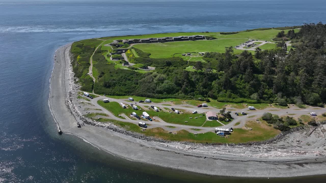 Drone shot over motorhomes parked at the Fort Casey campgrounds in WA.