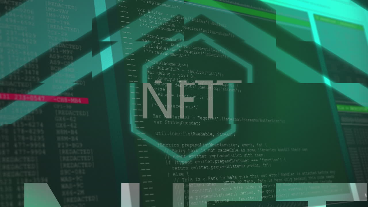 Animation of nft text over data processing on green background