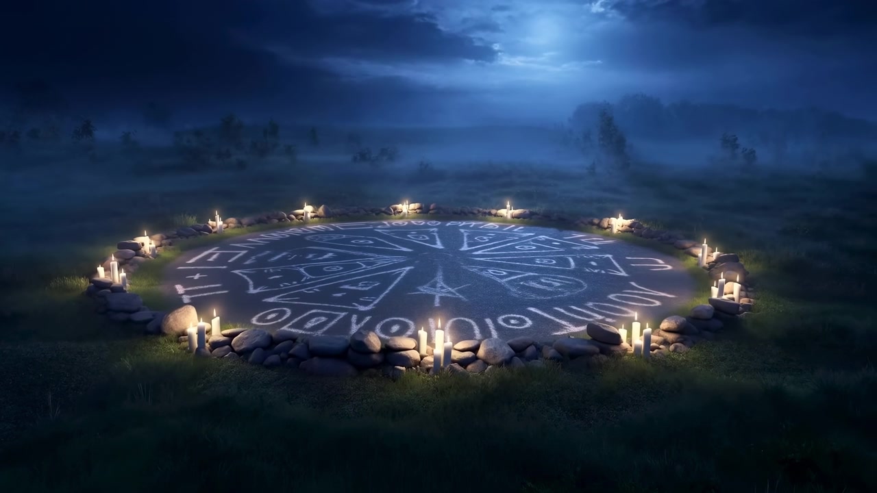Lingkaran Ritual Cahaya Bulan dengan Lilin di Lapangan Rumput di Bawah Langit Malam Berawan, Kabut Melayang Melintasi Ukiran