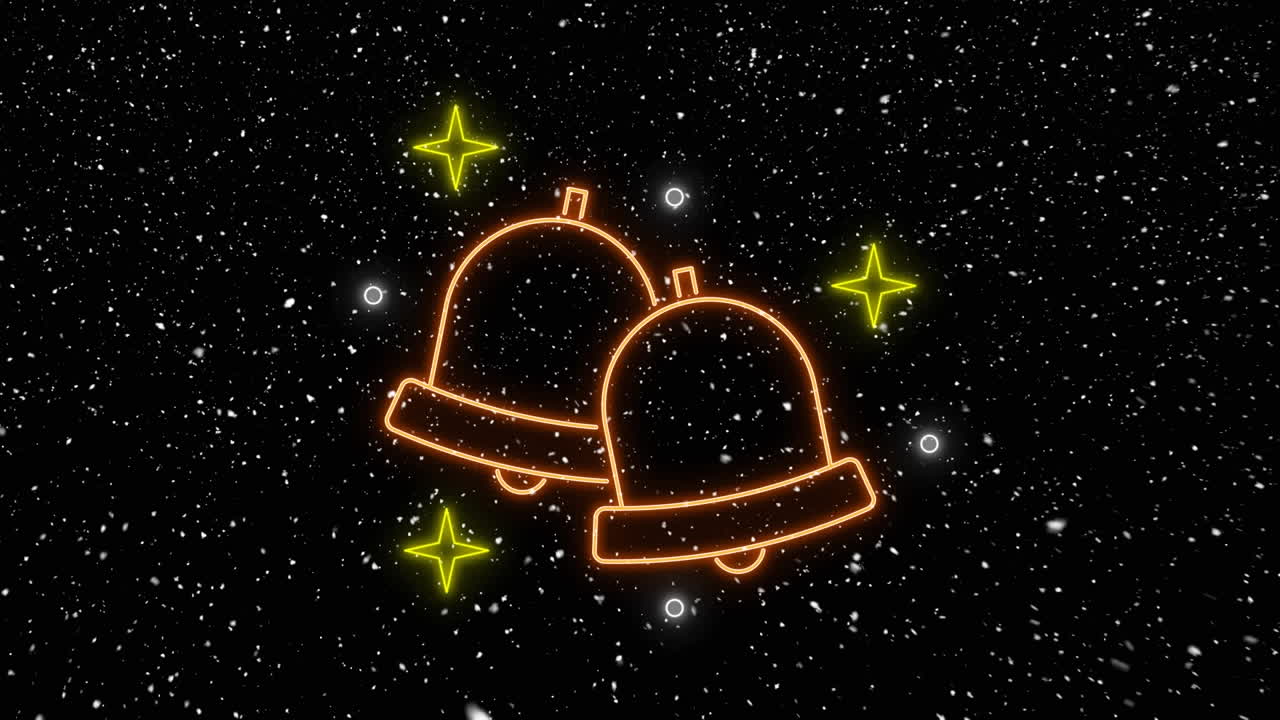 크리스마스 에 검은색 배경 에 내리는 눈 위 에 네온 종 의 애니메이션