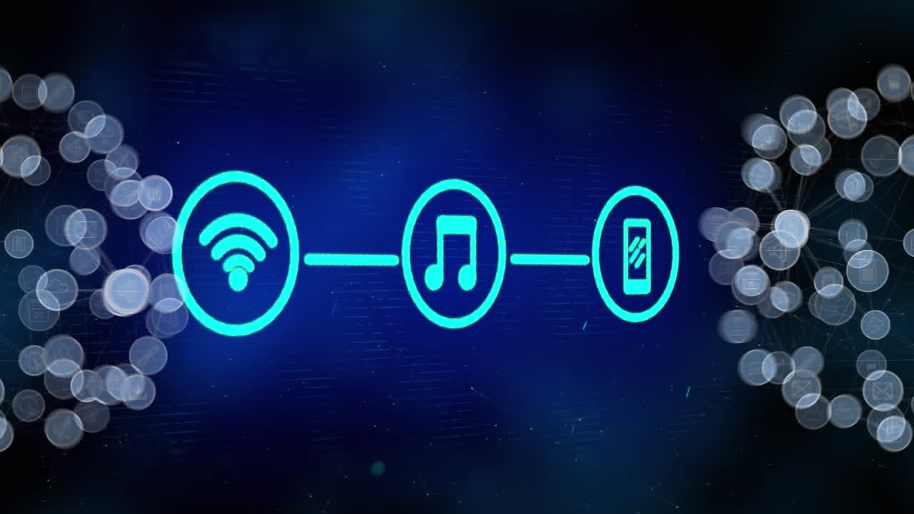 animação de ícones e rede de conexões sobre fundo escuro