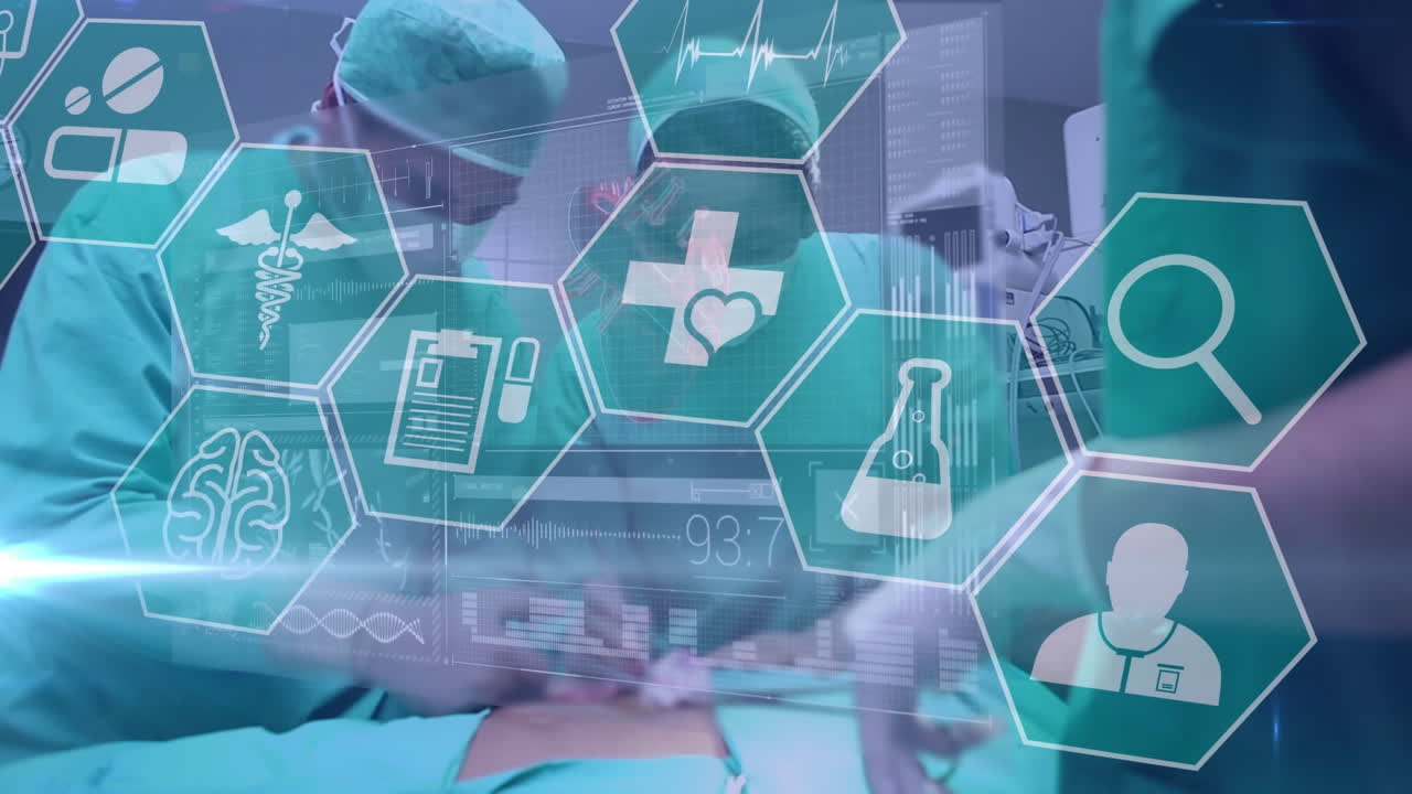 수술실에서 다양한 그룹의 의사에 대한 데이터 처리 및 의료 아이콘의 애니메이션