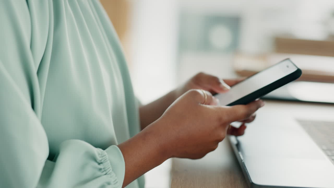 Black woman, busy hands and phone for digital