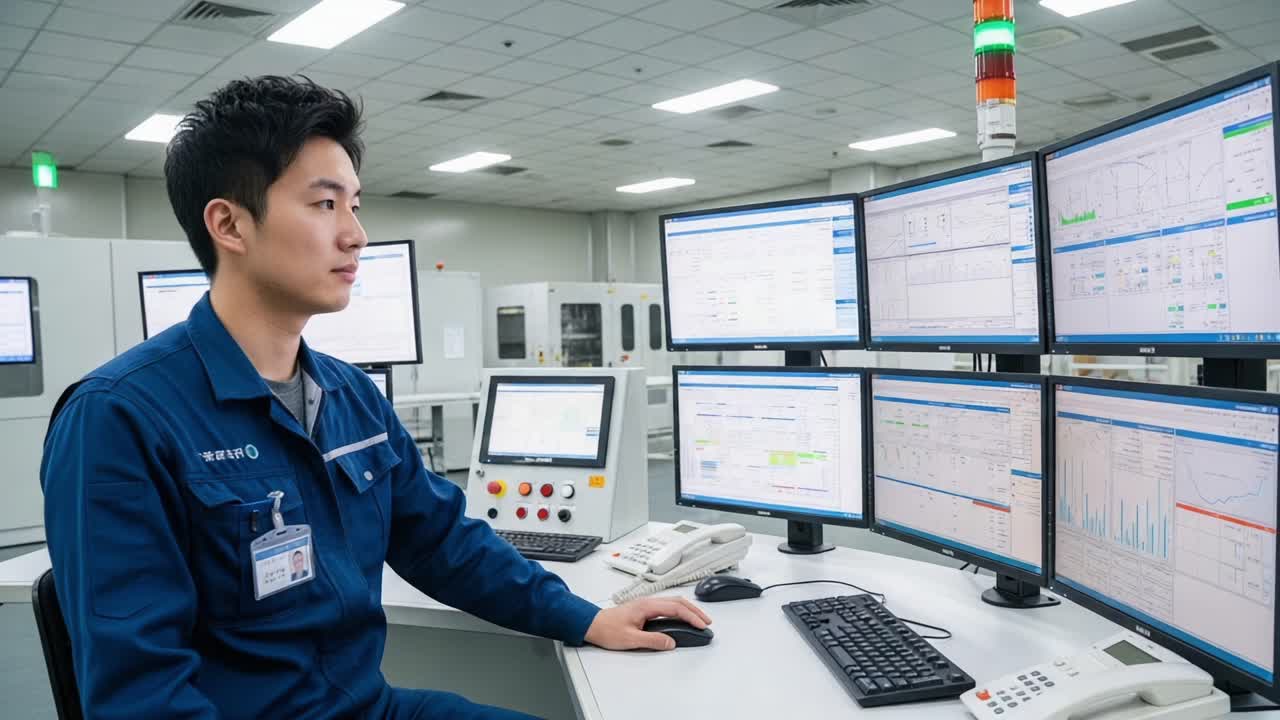 A skilled technician monitors complex data displays from multiple screens in a modern control room, ensuring precise operations of advanced machinery and technology
