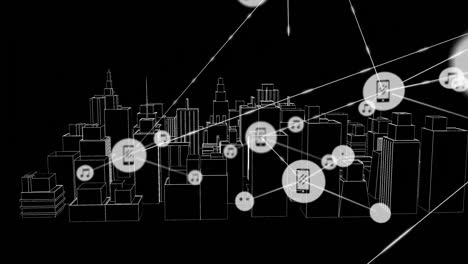 animation of networks of connections with icons over 3d city drawing spinning on black background