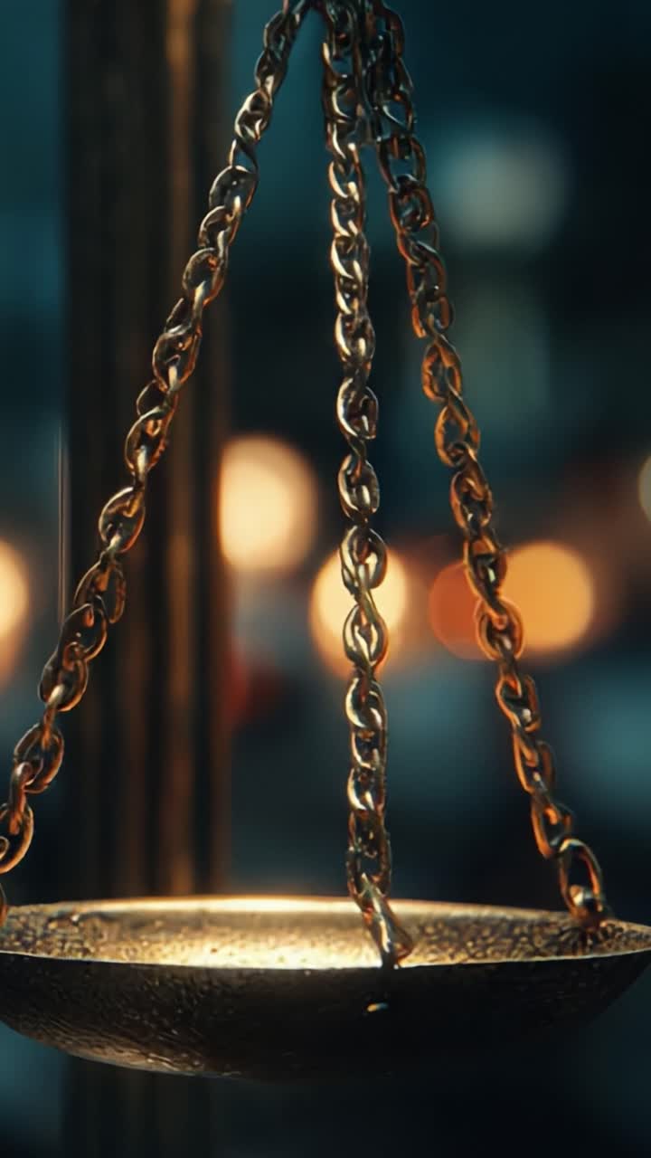 Accattivante primo piano di una bilancia decorata, che emana calore e mistero su uno sfondo con illuminazione soffusa, a simboleggiare equilibrio e giustizia