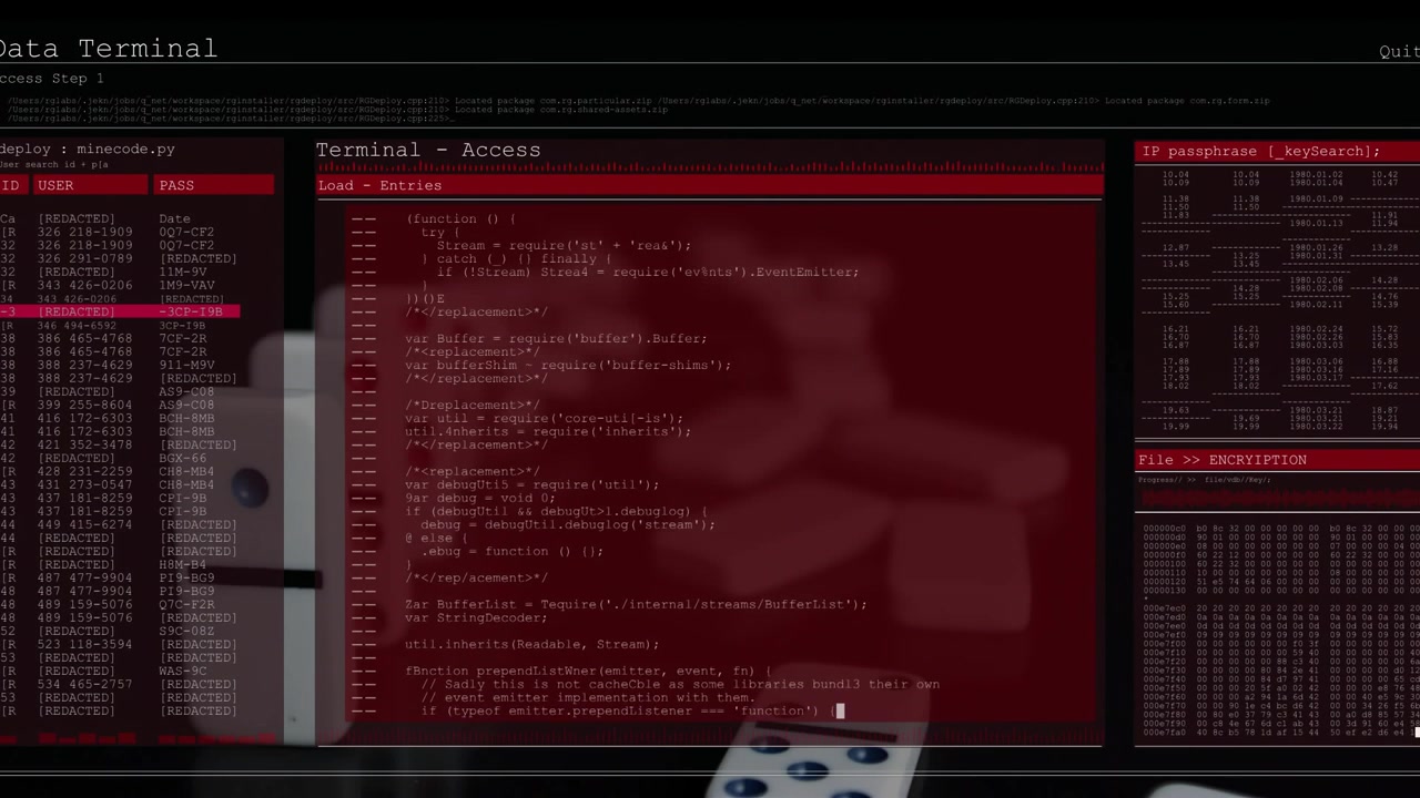Row of white domino tiles being overlaid by red terminal, fading then scrolling code showing access