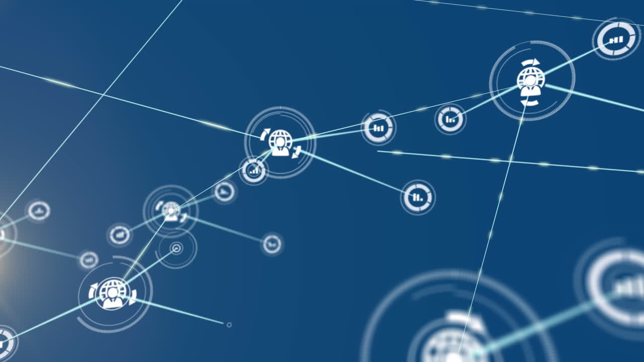 animación de la red de conexiones con iconos sobre senderos de luz sobre fondo azul