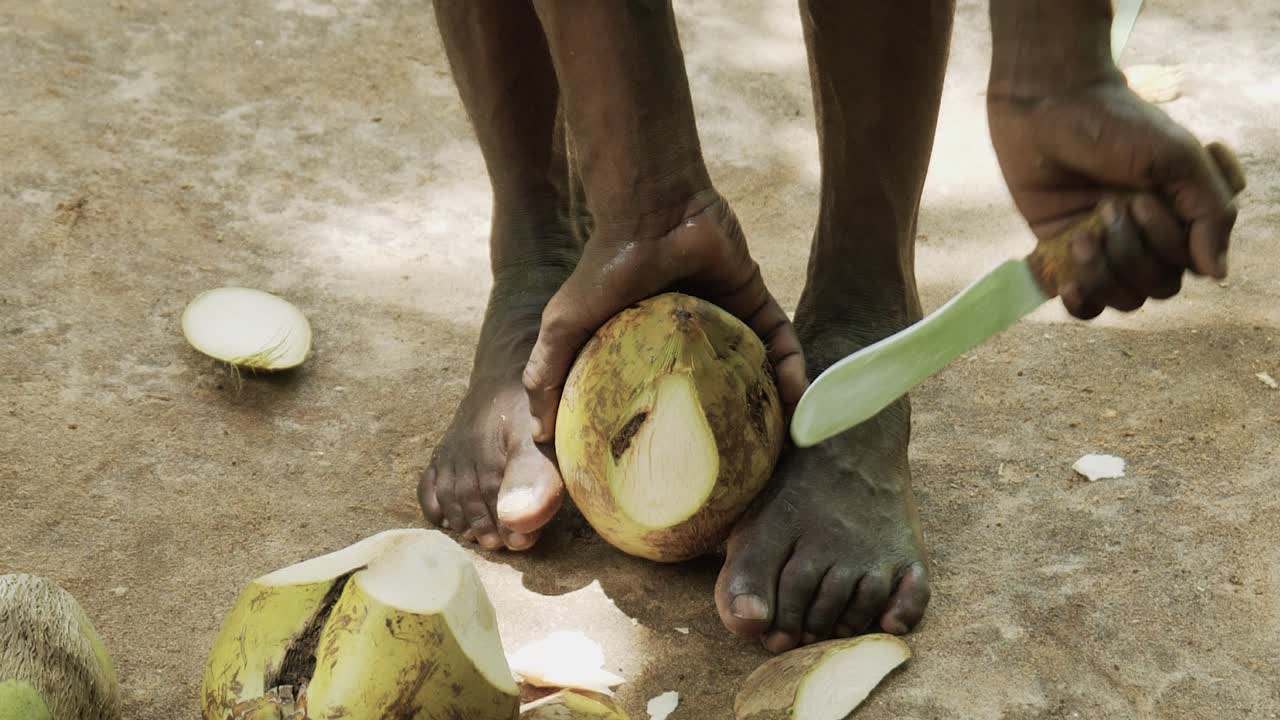 hombre tanzaniano pelando coco con un cuchillo en una granja de especias, zanzíbar, tanzania, áfrica