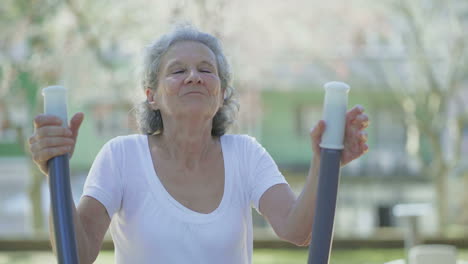 happy senior woman exercising on elliptical trainer in park.