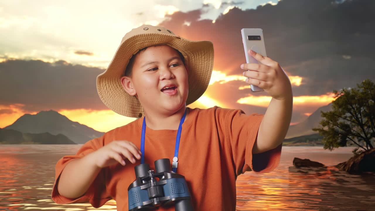 Asian Boy With A Hat And Binoculars Waving Hand Having Video Call On Smartphone At A Lake. Boy Researcher Examines Something, Travel Adventure, Close Up