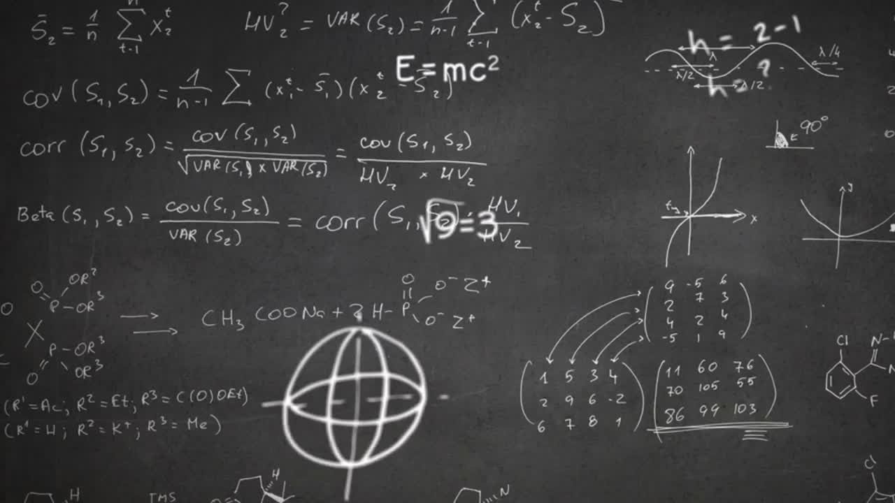 animación digital de fórmulas y símbolos matemáticos flotando contra ecuaciones matemáticas en bl
