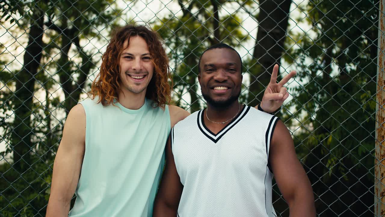 Portrait of two friends red-haired curly-haired man and a Black man in a white t-shirt posing and looking at the camera and smiling against the background of a mesh fence on a bucksball court