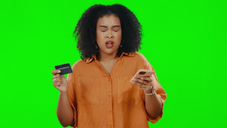 Angry,-green-screen-and-a-woman-with-a-credit-card