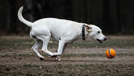 an energetic white dog playing with a bright orange ball in an outdoor setting, captured in action with dynamic movement and enthusiasm