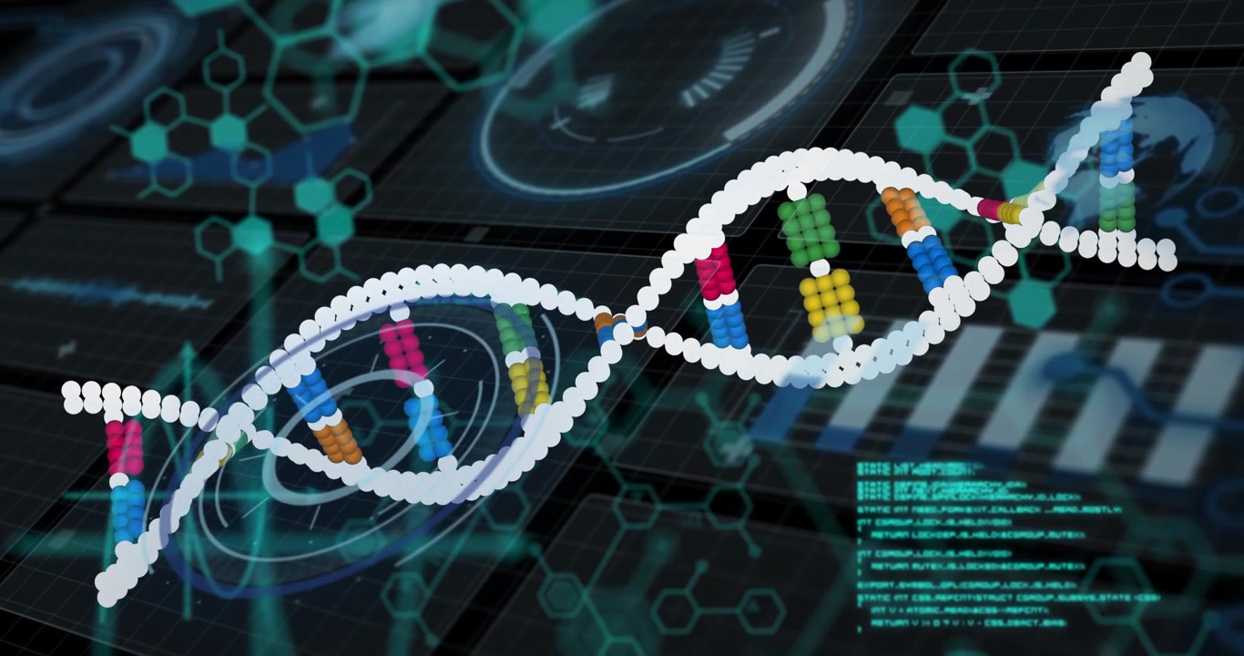 Cyan code appearing, DNA helix twisting, shifting right, revealing base pairs, visualizing genomics