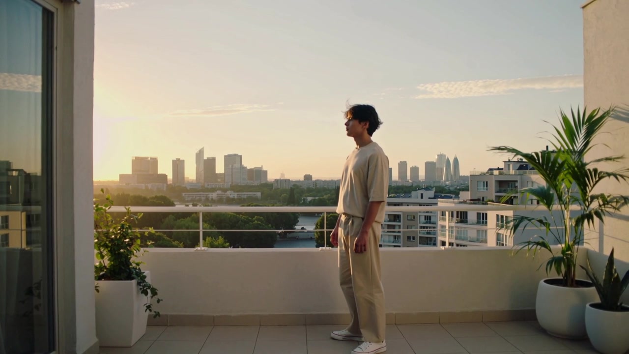 Un uomo in piedi guarda il tramonto sullo skyline da un balcone, indossando un abito beige con piante, spazio per il testo.