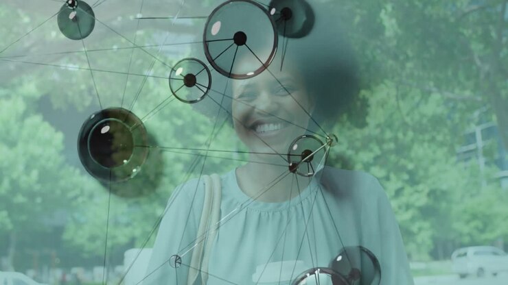 Woman with tote bag, coffee cup pausing on sidewalk, technology spheres materializing around torso