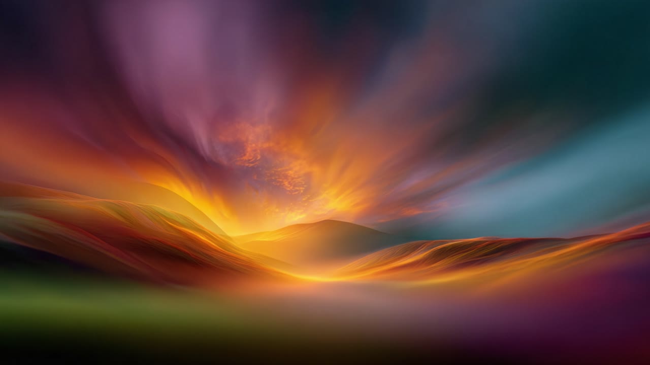 Alba mozzafiato su colline ondulate con colori esplosivi che si fondono nel cielo, creando un'atmosfera onirica ed eterea di tranquillità e bellezza