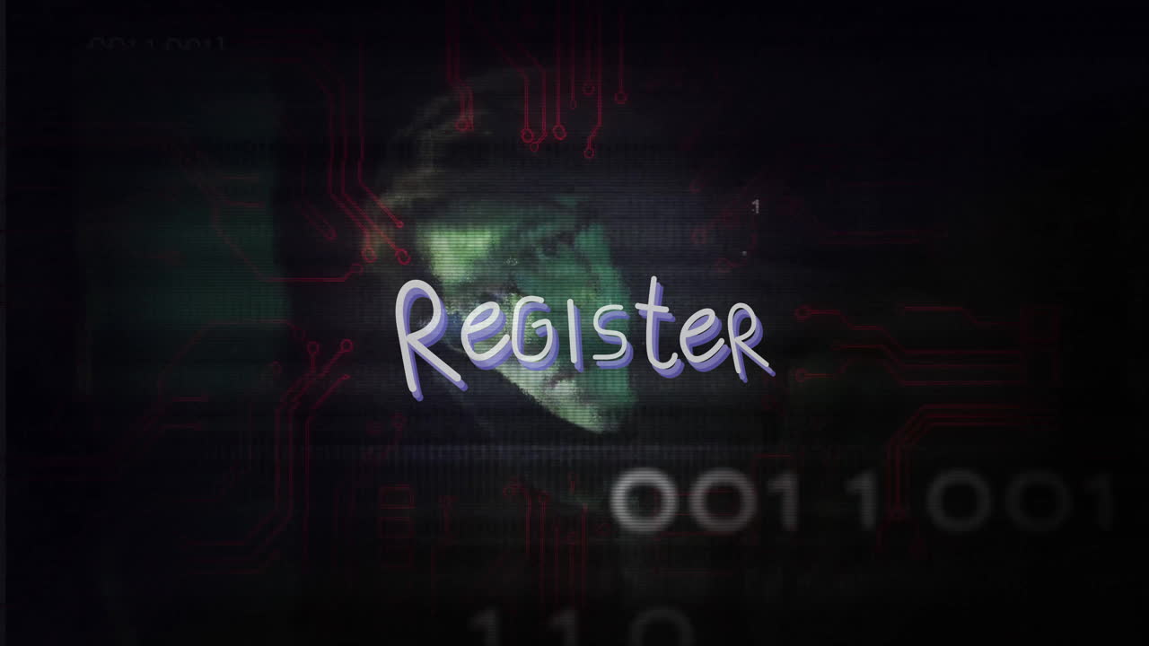 Animation of binary code and digital circuitry with register text in school setting