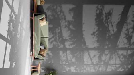 vertical de diseño de interiores moderno apartamento sala de estar con planta árbol hoja sombra en la pared de fondo 3d renderización de animación hogar inteligente