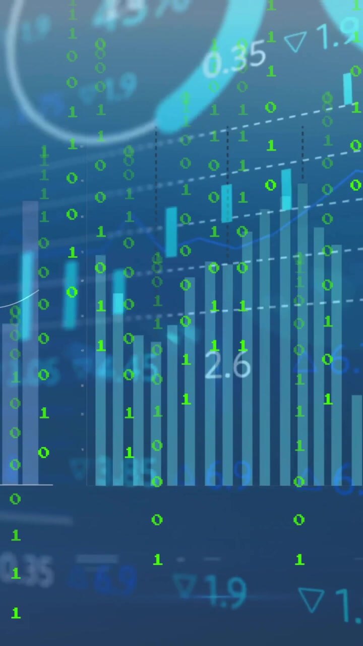 Grafici di dati finanziari e codifica binaria, animazione di analisi del mercato azionario