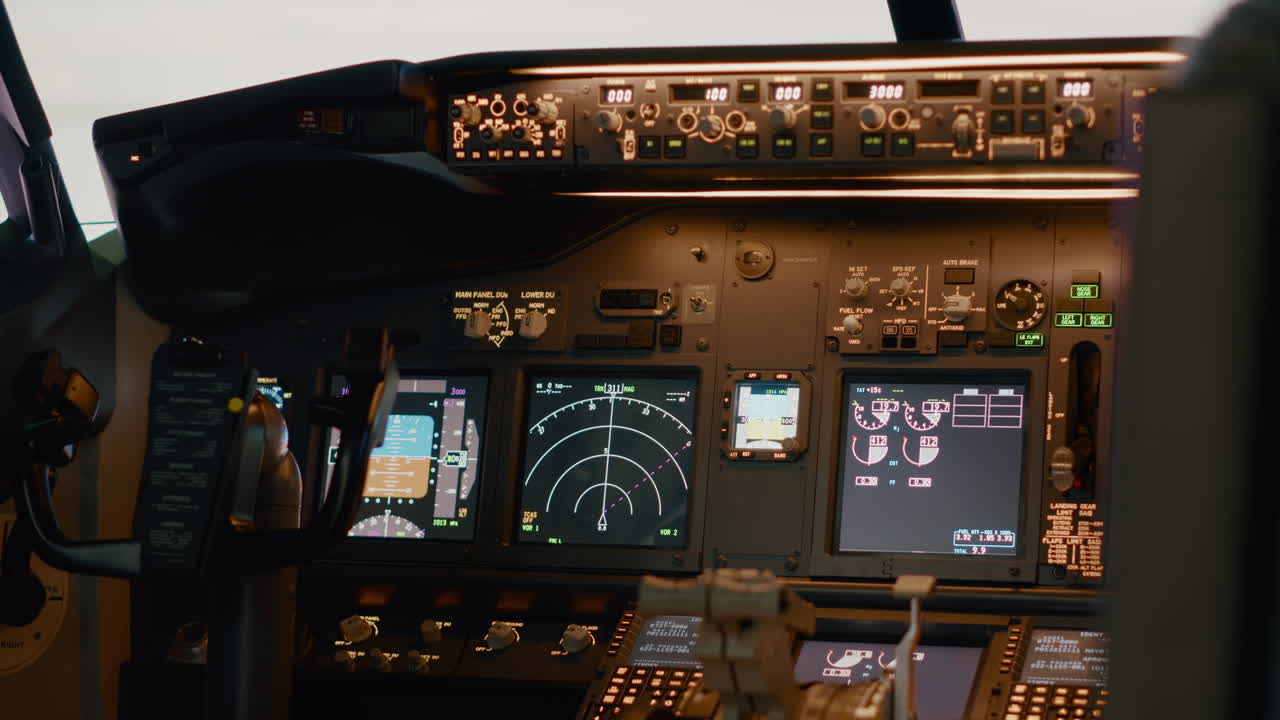 Empty airplane cockpit with dashboard command to throttle engine