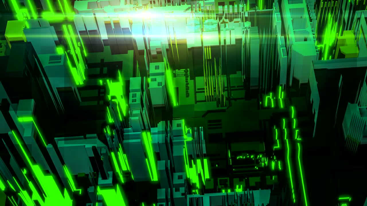 3d render digital abstracto fragmento de arquitectura de edificio verde. ciudad cibernética. placa de circuito impreso tecnología pcb repetición. desplazamiento