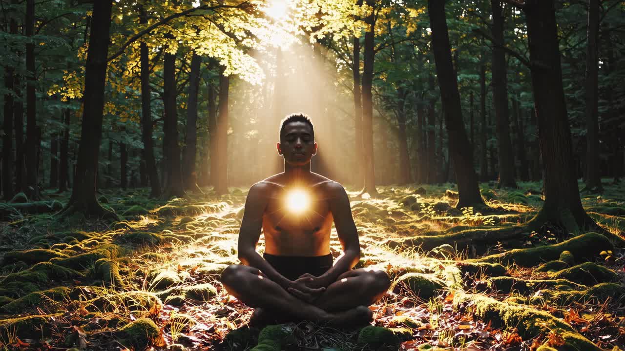 Shirtless man meditating in lotus position in a forest with sun rays shining on his chest, symbolizing inner peace, tranquility, and connection with nature