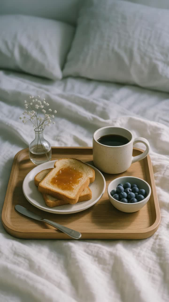 Una escena acogedora de desayuno con tostadas, café y arándanos en una bandeja de madera